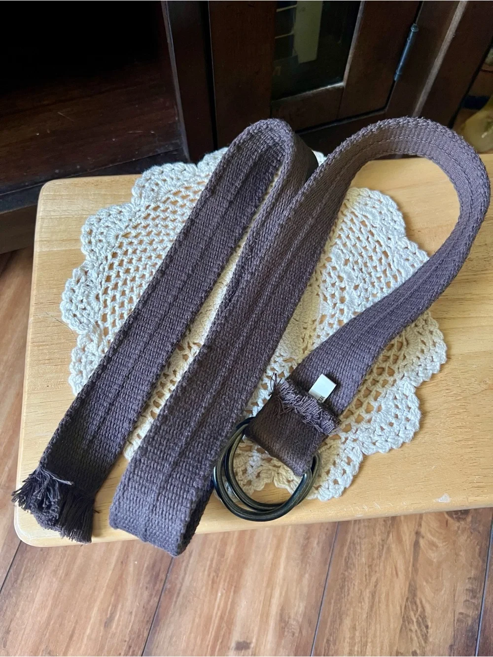 Chocolate Brown Fabric Belt w/ D Rings Woven Distressed Polyester Size 32-36